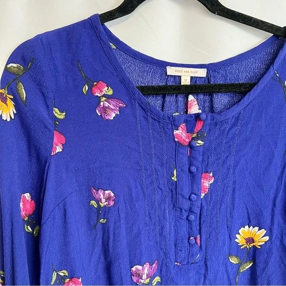 Skies Are Blue Floral Blouse Casual Long Sleeve Blue Shirt Women’s Size Medium - Picture 3 of 12
